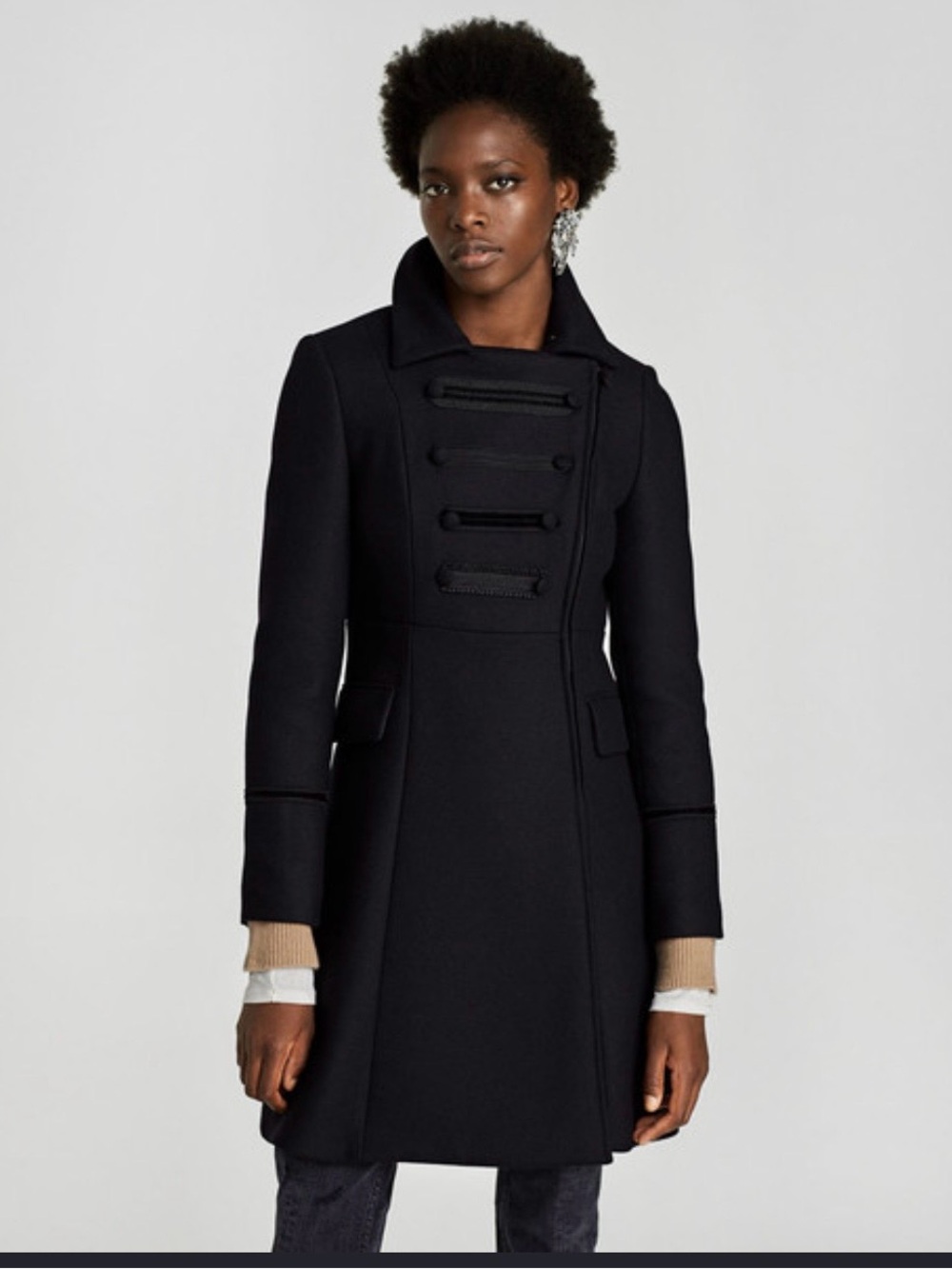 Zara Black Military-Inspired Wool Pea Coat